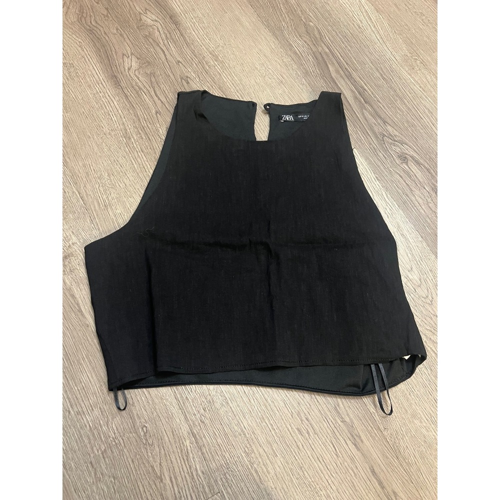 Zara Black Linen Blend Sleeveless Crop Top Open Back Size M